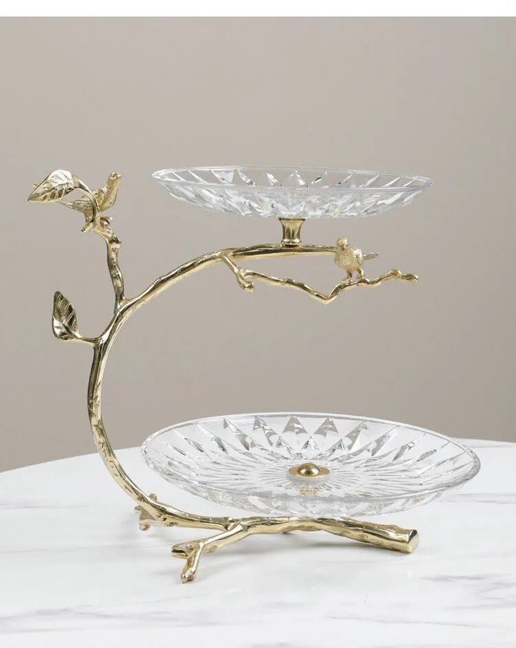 Luxury 2-Tier Crystal Glass Fruit &amp;amp; Dessert Stand with Gold Bird Branch Frame