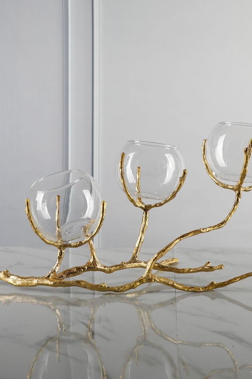 Luxury Gold Branch Glass Candle Holder Centerpiece – 3 Cup Decorative Tealight Stand